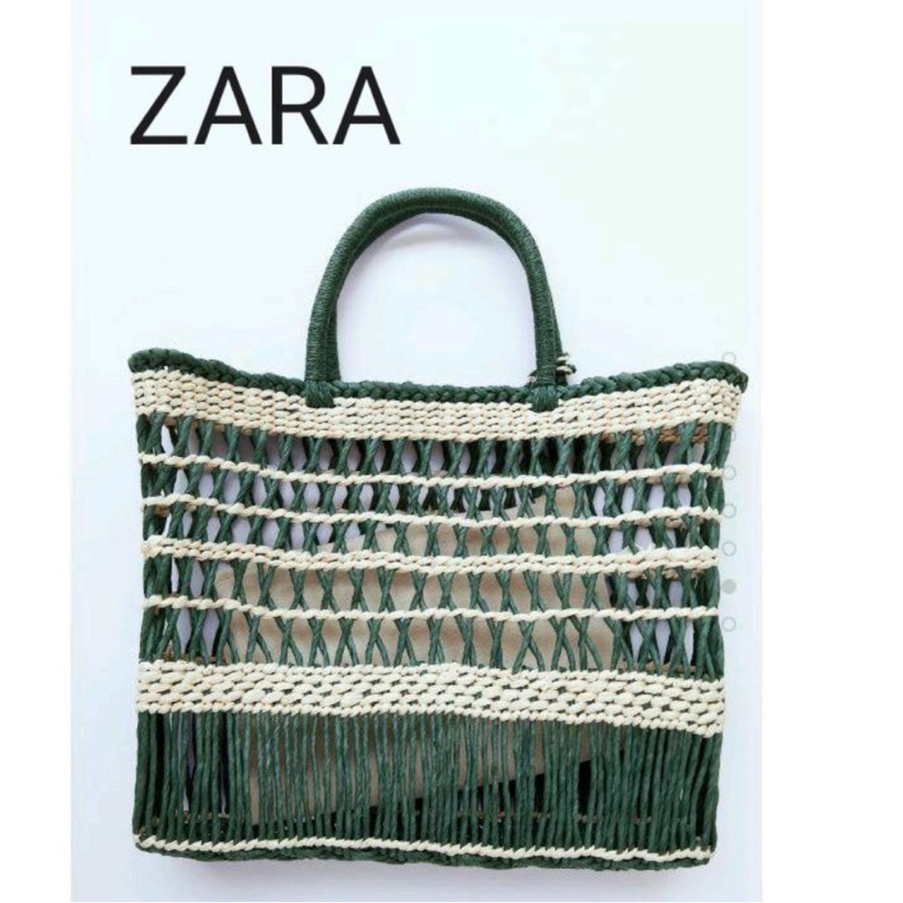 Zara Woven Raffia Tote in Striped Green and Cream